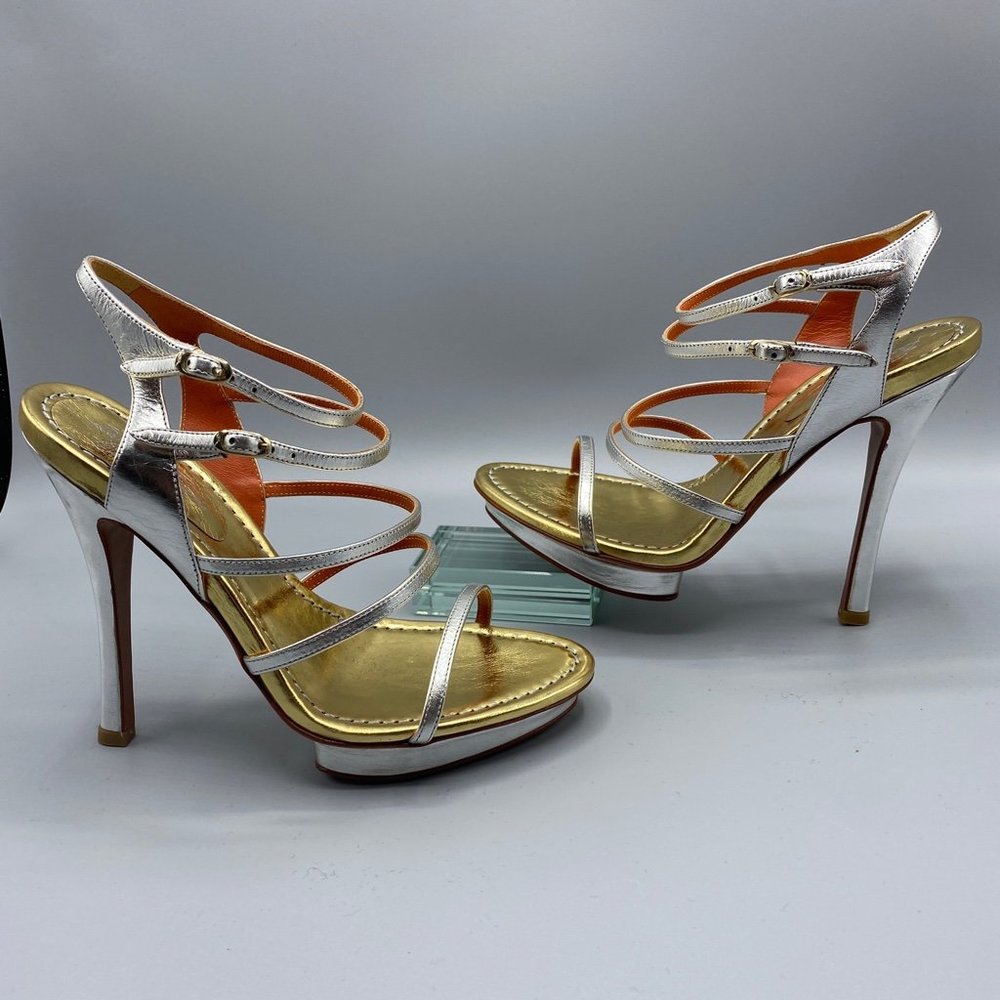 Santoni Platform Stiletto Heels Luxury Italian Sz 7 New Silver Gold